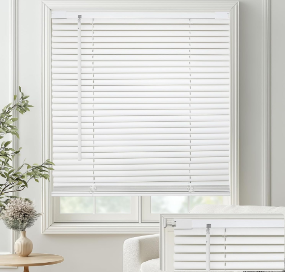 MYshade No-Drill Cordless Horizontal Mini Blinds – 34.5" W x 64" H Tool-Free Inside Mount Window Blinds with 1" Vinyl Slats, Light Filtering & Privacy, Child & Pet Safe, White