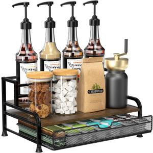 Coffee Syrup Rack Organizer, 3-Tier 8 Bottles Syrup Rack with 35 K Cup Storage Basket for Coffee Bar, Countertop Bottle Holder Stand for Wine, Dressing for Kitchen Cafe Station