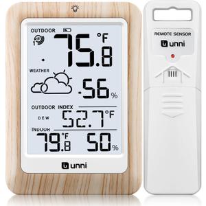 Indoor Outdoor Thermometer Wireless Weather Station, Temperature Humidity Monitor Battery Powered Inside Outside Thermometers with 330ft Range Remote Sensor and Backlight DisplayWood