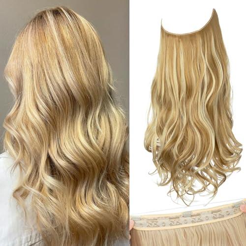 SARLA Invisible Wire Hair Extensions with 3 Clips Short Synthetic Wavy Curly Hairpiece Adjustable Transparent Headband for Women 14 Inch Honey Blonde/Bleach Blonde Highlights