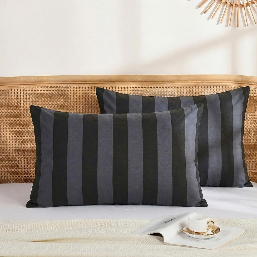 Merryword Queen Size Pillowcases, 100% Cotton Pillow Cases, Black and Gray Striped Pillowcases, Luxury Linen Like Pillowcase, Soft Breathable Wide Stripe Pillow Covers, Set of 2