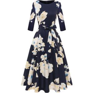DRESSTELLS Cocktail Dresses for Women, Vintage Wedding Guest 3/4 Sleeves Formal Church Holiday Dress (Small, Navy Yellow White Flower)