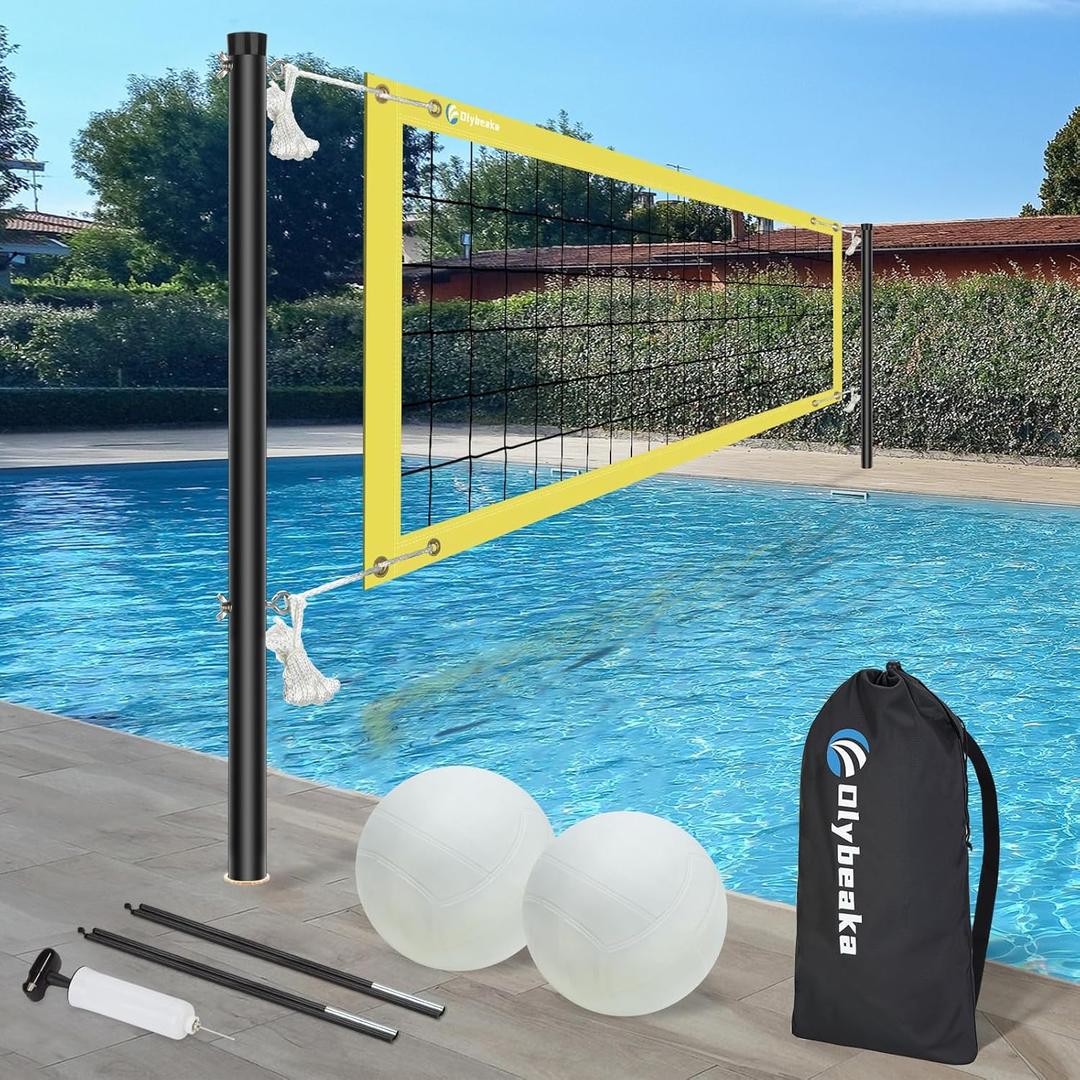 Base Free Swimming Pool Volleyball Net Set for Above Ground/Inground Pools with 3-Height Adjustable Aluminium Poles, Durable Anti-Sagging Net, 2 Water Volleyballs and Carry Bag (Yellow)