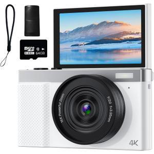 4K Digital Camera, 64MP Vlogging Camera for Photography with 3" 180 Flip Screen, 16X Compact Digital Camera with 64GB Micro SD Card for Beginner (White)