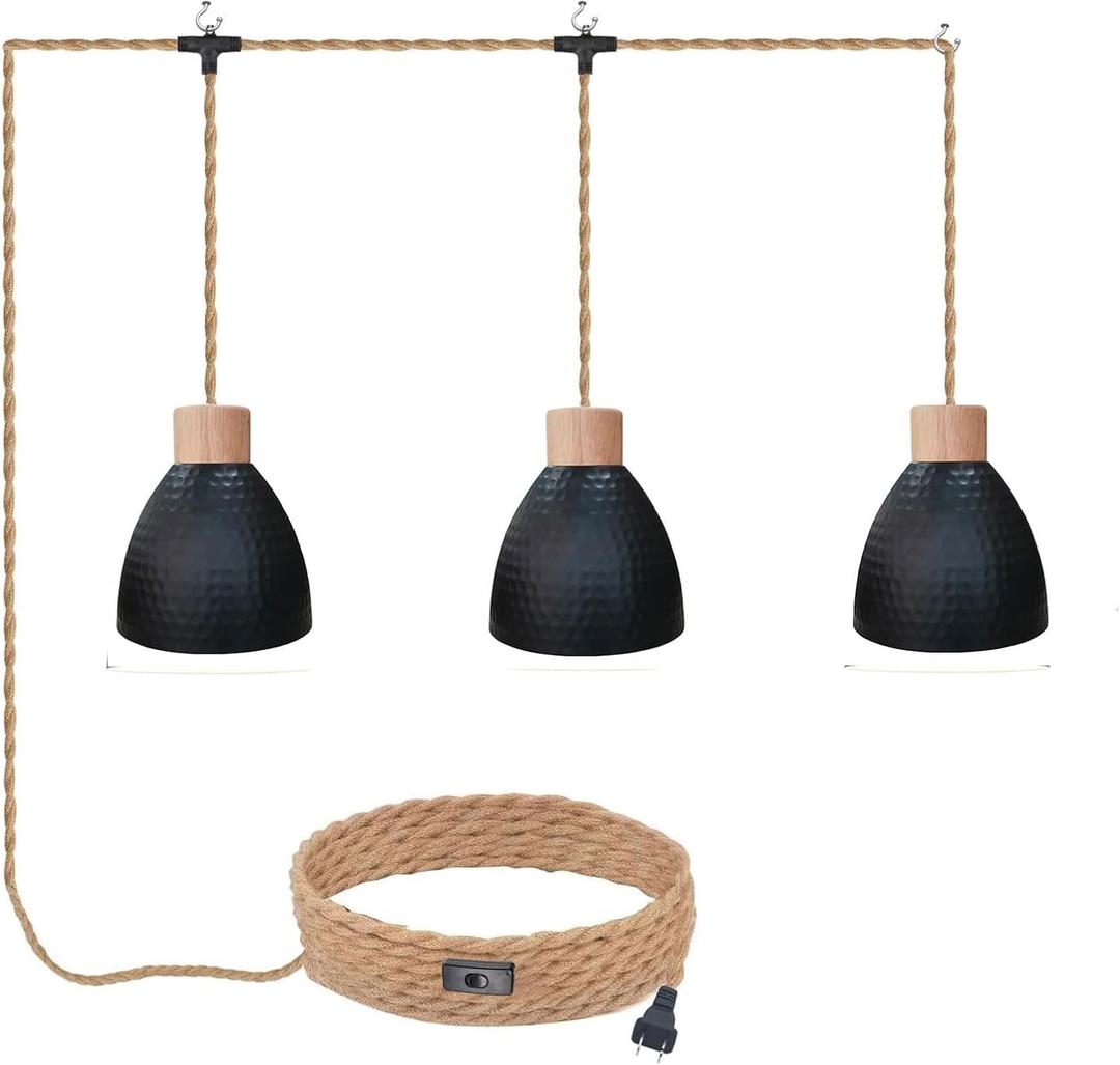 3-Light Plug in Pendant Light 22FT Industrial Hanging Lamp with Twisted Hemp Rope Independent Triple Switch Hanging Light Chandelier for Dining Room Kitchen, Black Finish (Wood)