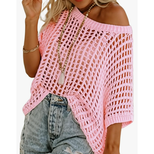 Womens Summer Scoop Neck Short Sleeve Sweater Casual Crochet Hollow Out Knit Tops Pullover Shirts Beach Coverup L