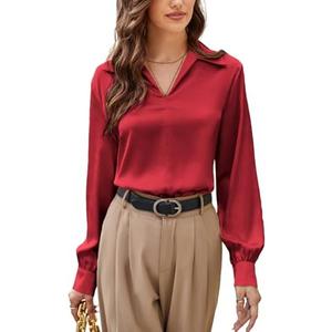 GRACE KARIN Business Casual Tops for Women Satin Silk Blouse Collared V Neck Long Sleeve Work Shirts Dressy Tops Fall Clothes, L