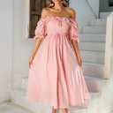R.Vivimos Women Summer Half Sleeve Cotton Ruffled Vintage Elegant Backless A Line Flowy Long Dresses (Small, Pink#2)