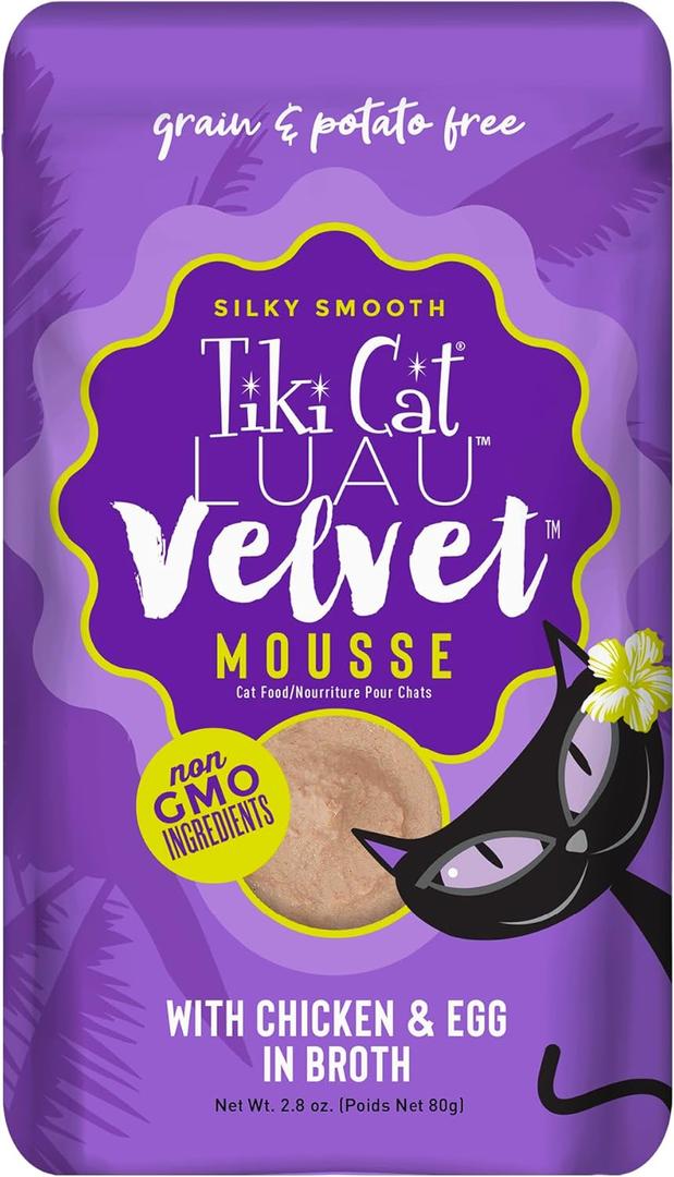 Tiki Cat Luau Velvet Mousse, Chicken & Egg in Broth, Complete Nutrition for Balanced Diet, Wet Cat Food For All Life Stages, 2.8 oz. Pouch (12 Count) (EXP 08/28/27)