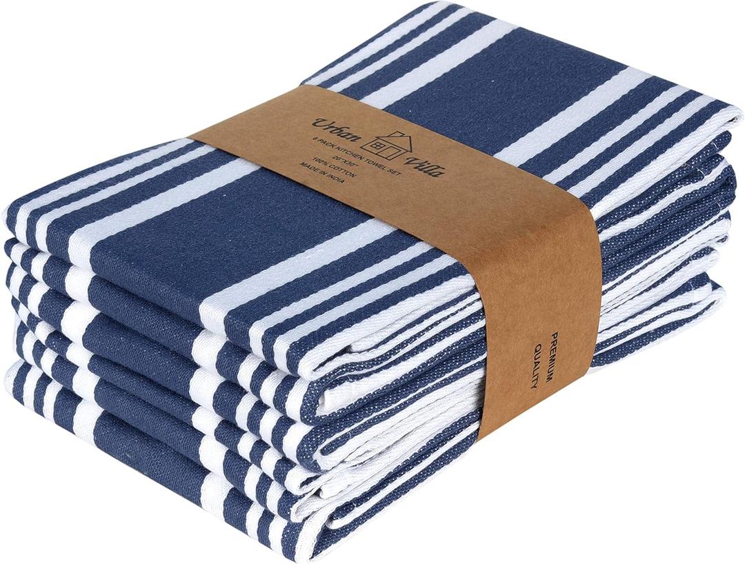 Urban Villa Kitchen Towels 100% Cotton Pack of 6, Highly Absorbent Quick Drying Super Soft Premium Dish Towels for Kitchen with Hanging Loop Hand & Tea Towels - 20x30 Inch, (Blue & White, Striped)
