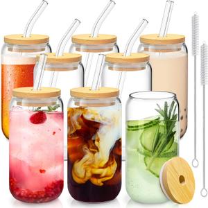 16 Oz Drinking Glasses with Bamboo Lids and Glass Straw - 7 Pcs Glass Cups Beer Ice Coffee Glasses Cute Aesthetic Cup Great for Coffee Bar Accessories Include 2 Cleaning Brushes
