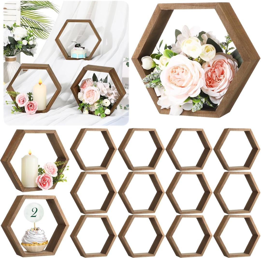 Barydat 12 Pcs 8 Inch Hexagon Shelves Wedding Table Decorations Hexagon Wood Centerpiece Geometric Terrarium Decorative Honeycomb Floating Storage Shelf for Home Office Room (Brown)