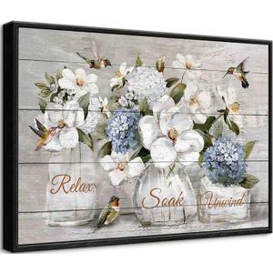 Framed Bathroom Floral Wall Art Farmhouse Bathroom Wall Decor Rustic Hummingbird Flowers Picture Wall Decor Relaxing Soaking Canvas Prints for Bathroom painting 24x16 inch (Hydrangea)