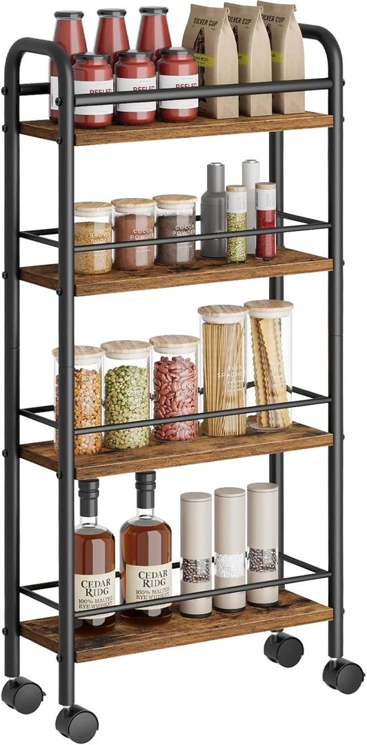 Slim Storage Cart, 4-Tier Narrow Rolling Cart with Handle, 5.9 Inches Deep, Slim Bathroom Shelf for Small Spaces, Kitchen, Dining Room, Living Room, Bathroom, Laundry Room, Rustic Brown