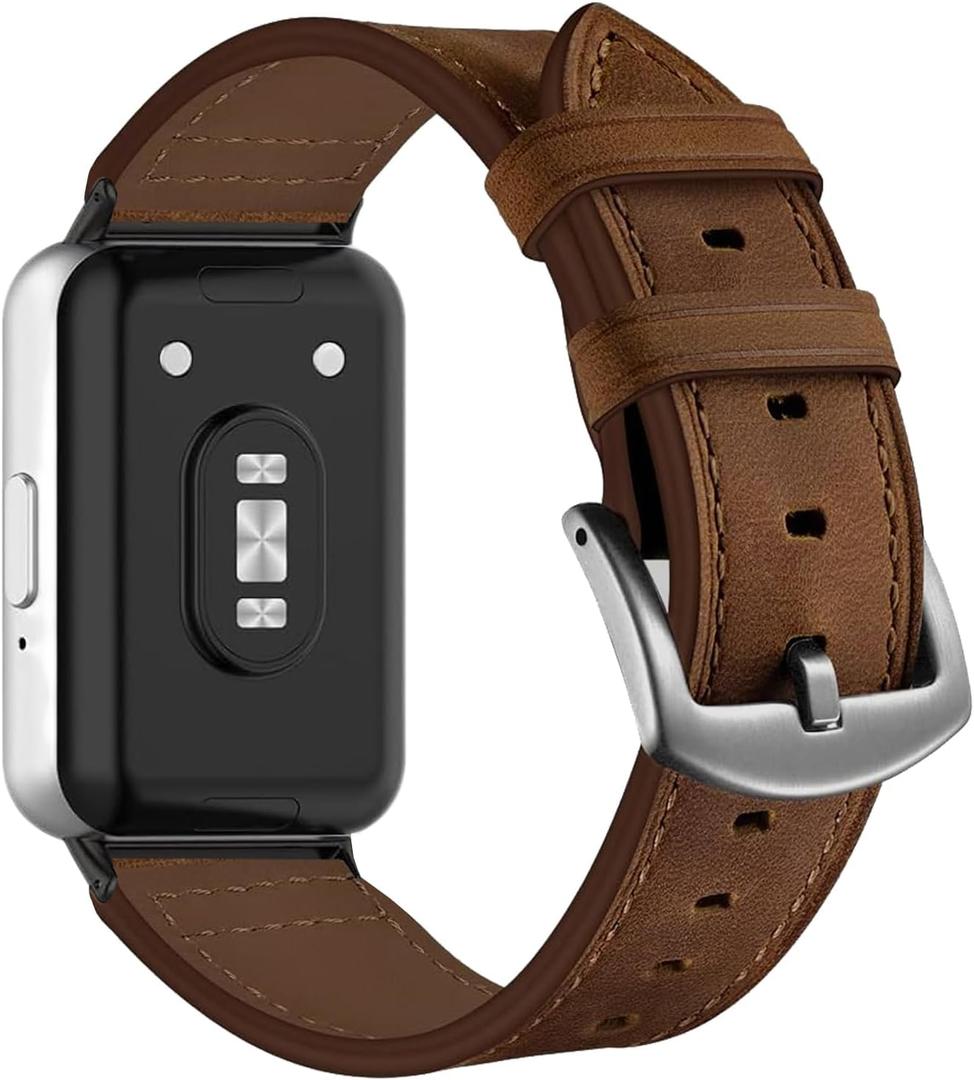Genuine Leather Bands Compatible with Samsung Galaxy Fit 3, Premium Slim Leather Replacement Straps Wristbands for Galaxy Fit3 SM-R390 Watch Women Men (Retro Walnut)
