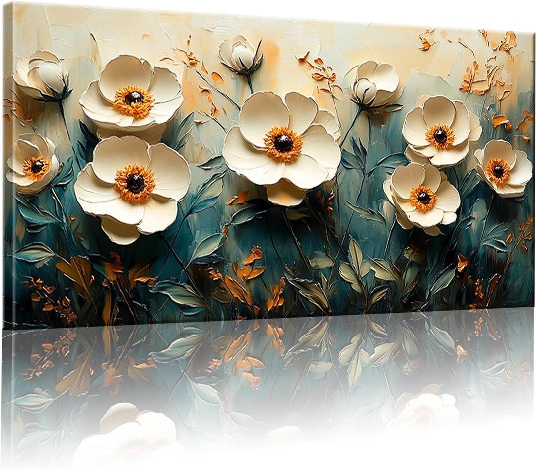 GYJAGHL 3D Canvas Wall Art, White with Orange Peony Flower, Textured Oil Painting Style, Framed Abstract Floral Wall Art for Living Room Decor White Orange Yellow Modern Daisy Artwork Canvas Prints Bedroom Kitchen Office Modern Painting Home Decor 20" x 40"