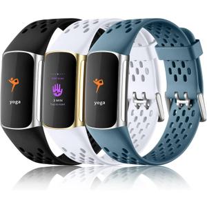 Maledan Compatible with Fitbit Charge 5/ Fitbit Charge 6 Bands Women Men, Breathable Sport Band Soft Waterproof Replacement Wristbands Strap for Fitbit Charge 5/ Charge 6 Advanced Fitness Tracker (White/ Black/ Steel Blue)