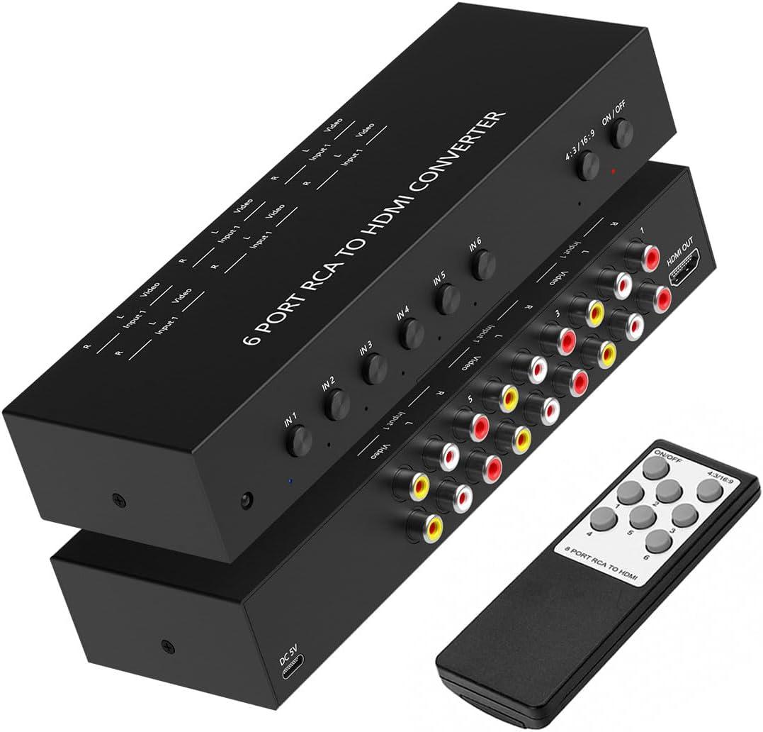 6 Port RCA to HDMI Converter, Dual AV to HDMI Converter Supports 16:9/4:3 Composite to HDMIAdapter Support 1080P PAL/NTSC Compatible with Sega/Xbox/PS1/PS2/PS3/WII/N64/VHS, VCRs, and DVD Players