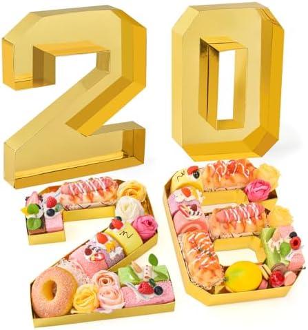 Datyiiha 2026 Set Cardboard Number for Charcuterie 10.2'' Gold Fillable Tray Charcuterie Paper Box for Graduation Anniversary Birthday New Year Party Decorations Chocolate Cookies Goodie Cupcake Box