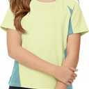 ZDC Kids Girls Athletic T Shirts Color Block Crewneck Gym Yoga Tees Casual Cute Basic Tees 5-14 Years (Yellow)