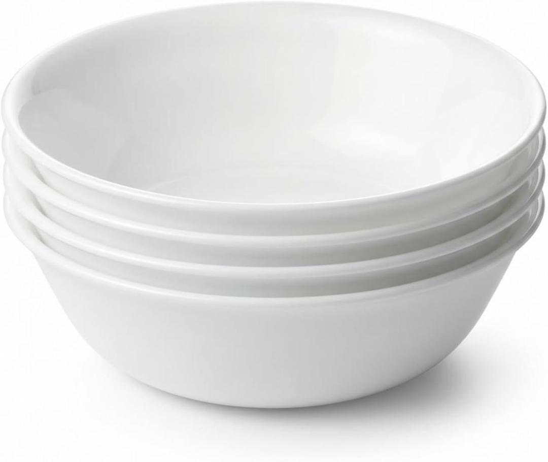 Corelle 4-Pc Meal Bowls Set Service for 4, Durable and Eco-Friendly 9-1/4-Inch Glass Bowls, Compact Stack Bowl Set, Microwave and Dishwasher Safe, White, 46 Ounces