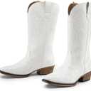 DREAM PAIRS Women's Cowboy Boots Mid Calf Cowgirl Boots Square Toe Chunky Heel Embroidery Stitched Western Boots, White (US 8.5)