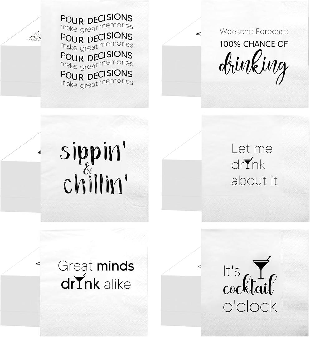 MotiMind 96 Pcs Funny Cocktail Napkins 5'' x 5'' Funny Napkins 2 Ply Funny Cocktail Napkins for Adult,6 Different Quotes Bar Napkins for Wedding Birthday Anniversary Holiday Party(Black Font)