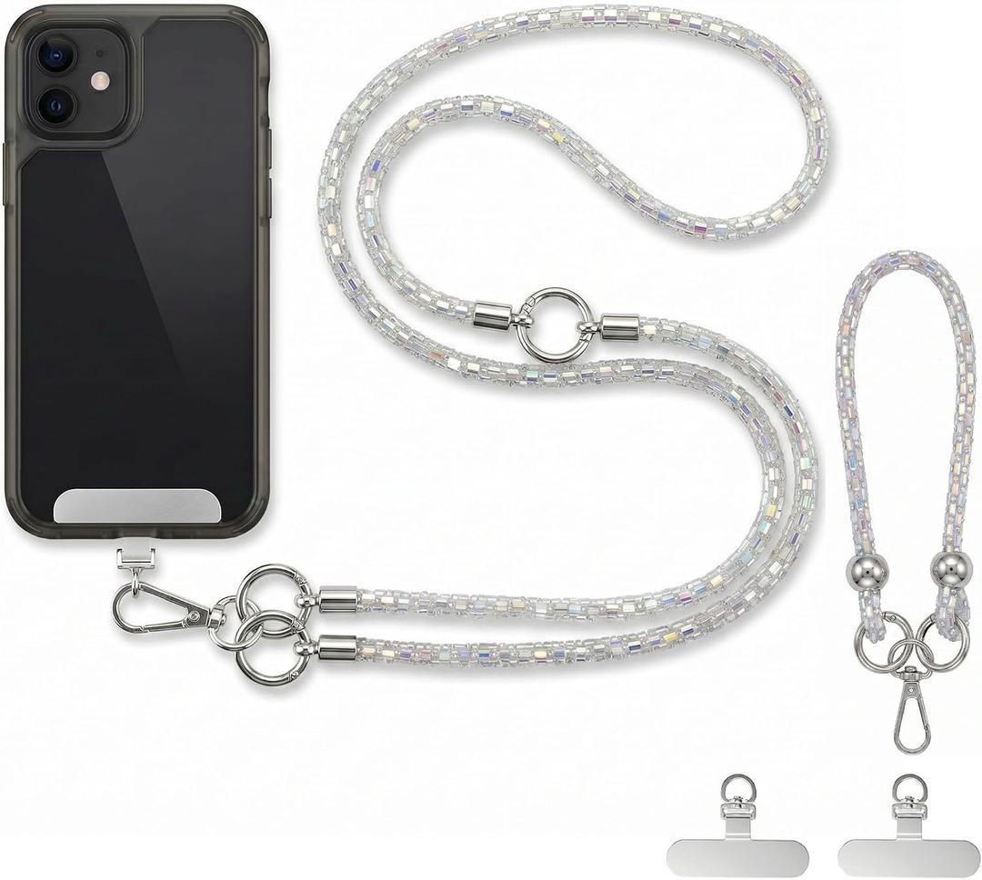 Crystal Phone Lanyard Crossbody and Wrist Strap Set, Rhinestone Women Anti-Lost Crossbody Phones Straps, Cell Phones Lanyards and Phone Charm for All iPhone/iPhone 17 Pro Max, Dazzling White