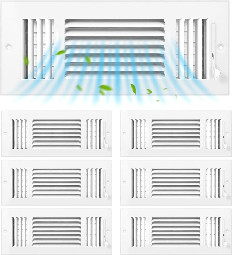 6 Pcs White 12 x 4 Inch Interior Size Air Ceiling Vent Covers 3 Way Sidewall Wall Ceiling Register Air Conditioner Vent Covers Solid Steel HVAC Accessories for Home, Bathroom, Office, Toilet
