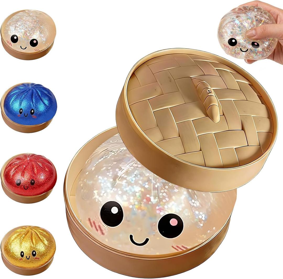 Dumpling Squishies,Giant Glitter Dumpling Box, Colorful Dumplings Stress Balls Fidget Sensory Toy, Soft Squeeze Decompression Dough Gift ,Easter Basket Stuffers (White)