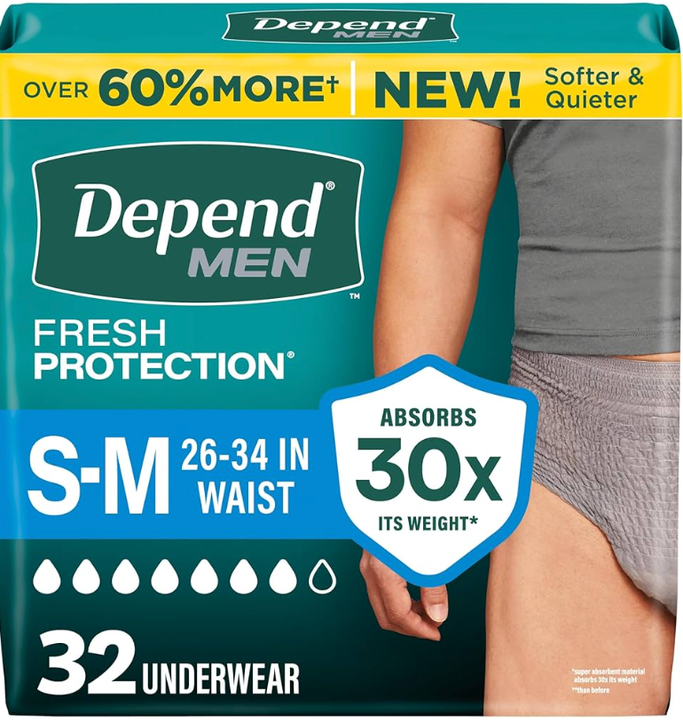 Depend Fresh Protection Adult Diapers, Incontinence Underwear for Men, Disposable, Maximum, Small/Medium, Grey, 32 Count