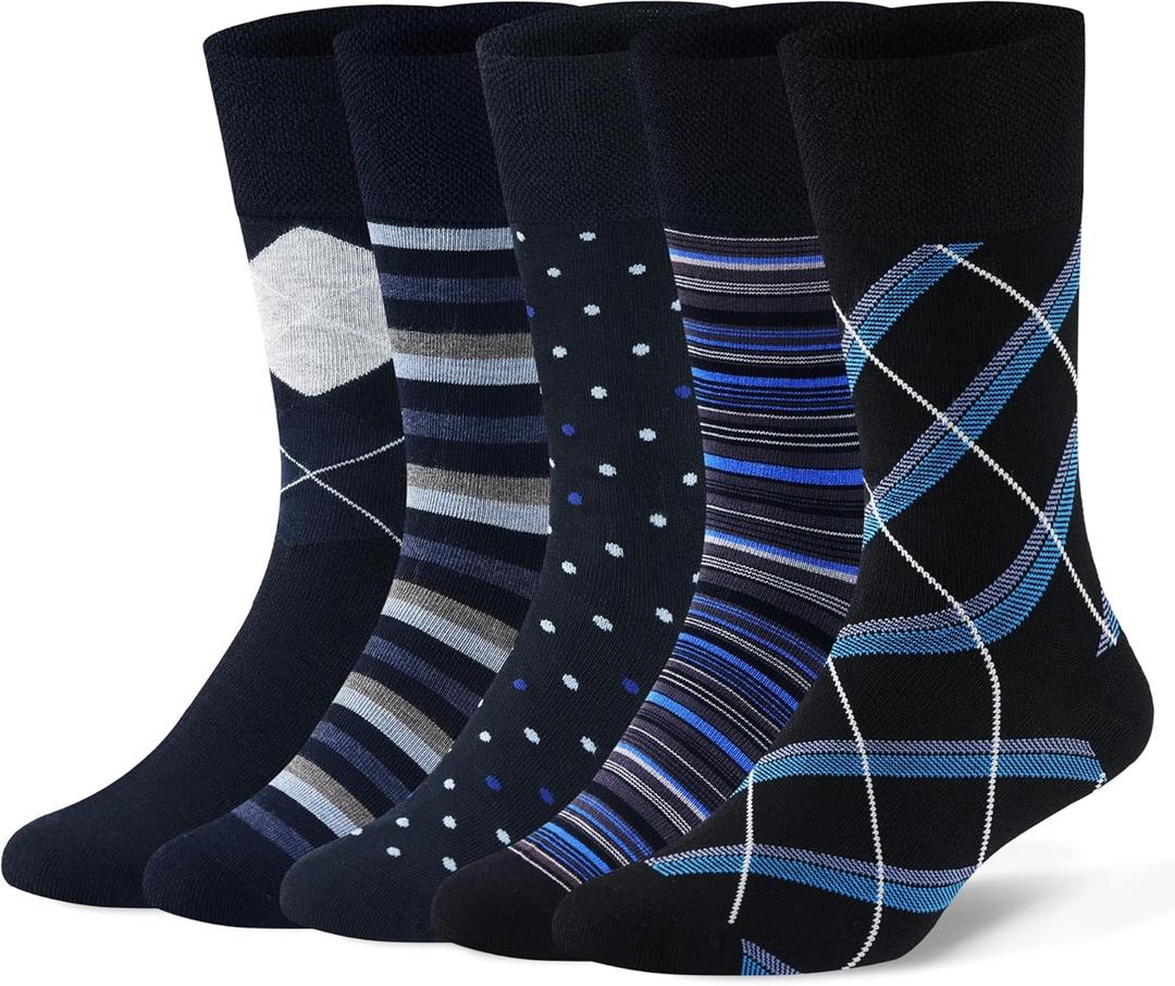 5 Pairs Diabetic Socks for Men,Viscose from Bamboo Non Binding Top Crew Dress Socks for Edema,Sensitive Feet (Large, 5pairs(mixed Pattern))