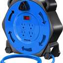 DEWENWILS Extension Cord Reel with 25 FT Power Cord, Hand Wind Retractable, 16/3 AWG SJTW, 4 Grounded Outlets, 13 Amp Circuit Breaker, Blue, Blue Cord, UL Listed