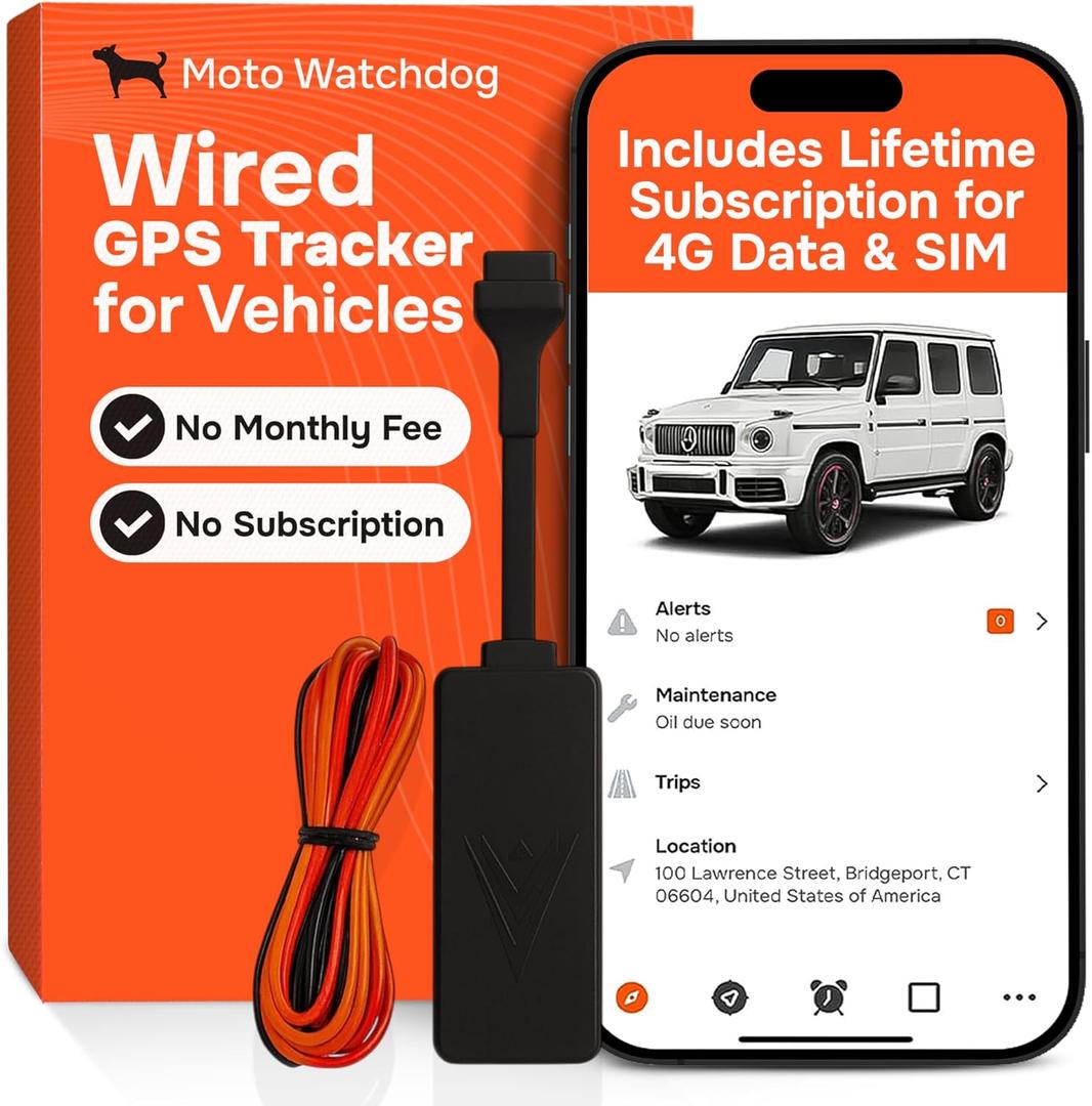Wired GPS Tracker for Vehicles, No Subscription with Real-Time Location, Easy Install, Speeding Monitoring, Route History, Geofence, for Fleets & Families, USA, Moto Watchdog