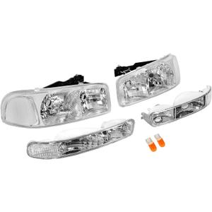 KUAFU Headlight+Corner Light Compatible with 1999-2007 GMC Sierra 1500 2500 3500 C3 1999-2006 Yukon Replacement for 15850351 15850352 Halogen Headlamp Pair Clear Lens Chrome Housing Clear Corner Light
