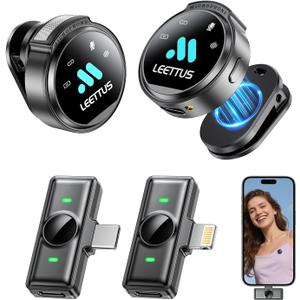 Mini Microphone for iPhone 17/16/15-7/Android/Tablet,Lavalier Wireless Microphones with Dual Receivers, DSP Noise Cancellation,Magnetic Clip,18H, Ideal for Video Recording,Podcast,Interviews, Gifts (Black)