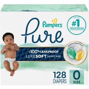 Pampers Pure Baby Diapers, Size 0 (>10 lbs ), 128, Up to 100% Leakproof, Premium Hypoallergenic Soft Diapers