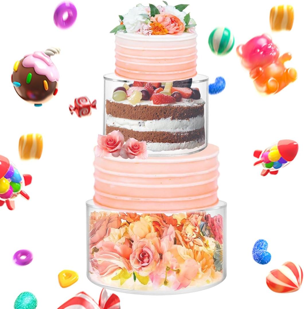 2PCS Acrylic Cake Stand 6'' 8'' Clear Cake Stand, Acrylic Cake Separators Fillable Cake Stands Round 2 Tier for Dessert Wedding Birthday Party