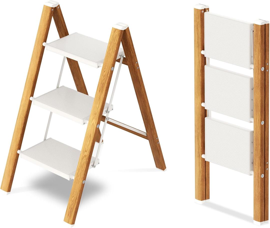 Taranta 3 Step Ladder,Aluminum Lightweight Folding 3 Step Stool with Anti-Slip Wide Pedal,330lbs Capacity Step Ladder for Household,Kitchen,Office - White Woodgrain
