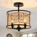 3 Light Rattan Ceiling Light Fixture 11inch Boho Semi Flush Mount Ceiling Light Black Hand-Woven Cage Wicker Chandelier for Farmhouse Bedroom Hallway Entryway Kitchen