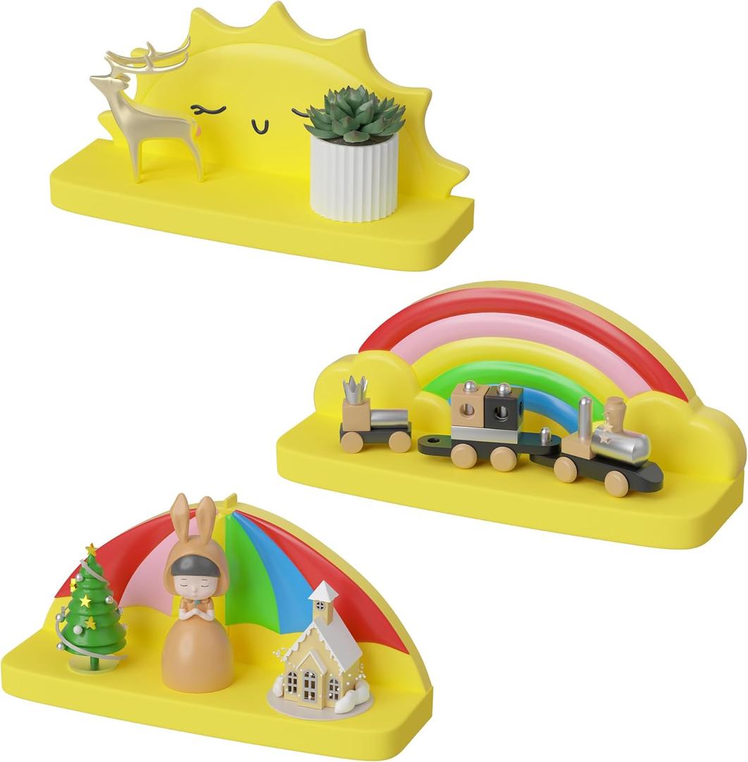 Veluckin Floating Shelves for Kids Room Nursery Wall Decor Display Compact Style for Livingroom Bedroom Bathroom3 PackE1 (Yellow Sun+yellow Umbrella+yellow Rainbow)