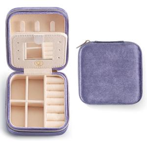 ZPROW Plush Velvet Travel Jewelry Case, Travel Jewelry Organizer, Jewelry Travel Case,Travel Jewelry Box, Small Jewelry Case for Women, Jewelry Travel Box, Earring Organizer with Mirror - Periwinkle
