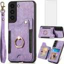 Phone Case for Samsung Galaxy S22 5G Wallet Cover with Tempered Glass Screen Protector and Wrist Strap Lanyard RFID Credit Card Holder Ring Stand Cell Accessories S 22 22S 4G G5 6.1 inch Women Purple
