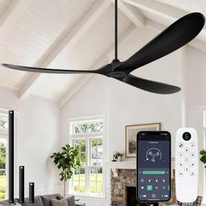 72 Inch Ceiling Fan No Light, Large Outdoor Ceiling Fans Without Lights for Patios with Smart App and Remote Control, Wet Rated 3 Blade Wood Propeller Modern Fan for Exterior Outside, High CFM, Black