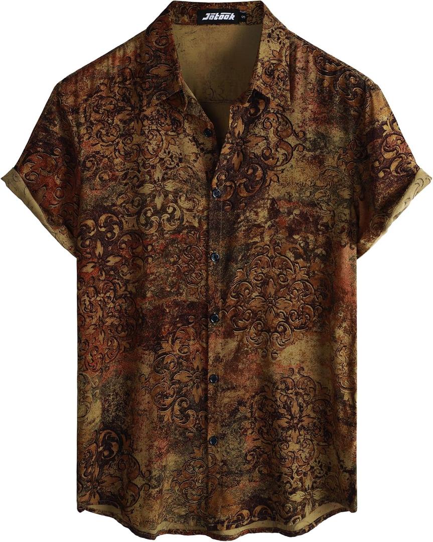 Mens Hawaiian Shirt Short Sleeve Button Down Tropical Shirts Casual Floral Summer Beach Shirt (Large, Brown)