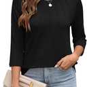 Womens Tops 3/4 Length Sleeve Round Neck Casual Loose Fit Tunic Tops Basic Pleated Shirts 2025 (Black, XL)