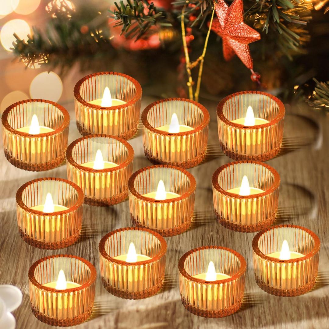 JOYIT Gold Votive Candle Holders Bulk Set of 12, Tealight Candle Holder for Wedding Table Centerpiece, Glass Small Candle Holders for Birthday Party, Valentine's Day, Home Decor (2''X 1.4'') (Gold)