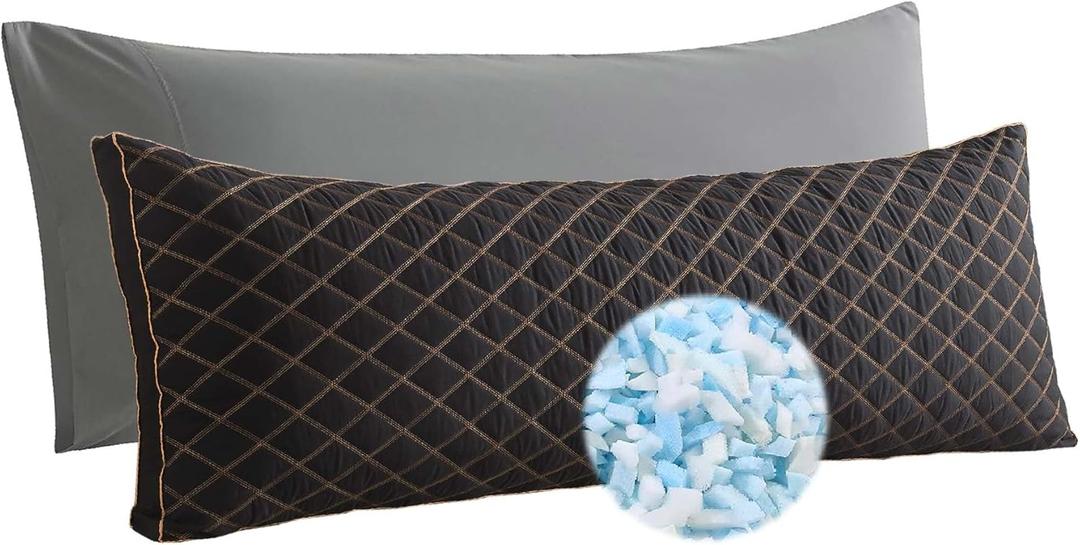 WhatsBedding Memory Foam Body Pillow for Adults, Long Pillow for Sleeping, Full Body Pillow for Bed - Black Quilted (Black-golden Piped Edge)