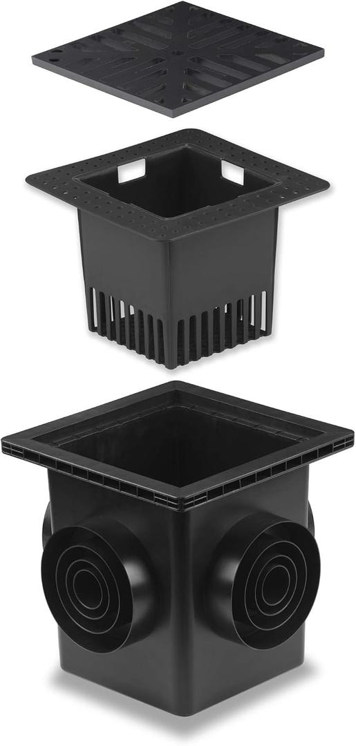 Uni-Green Catch Basin Kit 12X12 inch with Debris Basket and Grating | Square Storm Drain,Catch Basin for Drainage with 4 Outlet,Fit for 4 Size(2, 3, 4 and 6) inch Pipe,for Lawns, Landscaped Areas