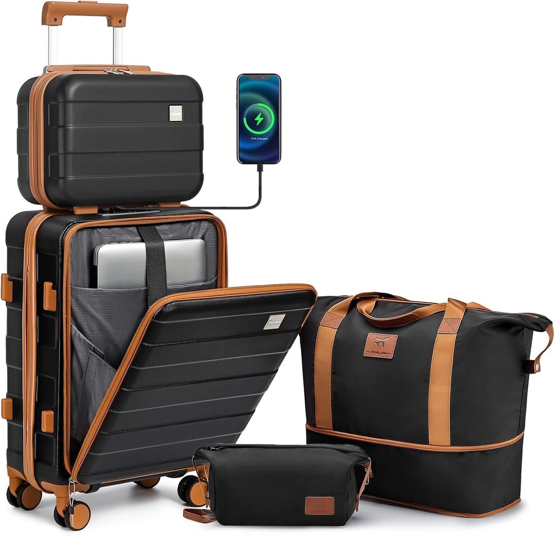 imiomo Carry on Luggage Airline Approved with Front Pocket and USB Port, Hard Shell 20 Inch Travel Carry-on Suitcase with Spinner Wheels and TSA Lock, Black Brown, 4 Piece Set